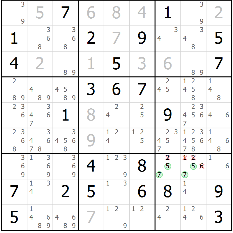 Position des candidats pour la solution de la Gr 30 page 33 du magazine de sudoku Giga sudoku niv 6-8 n° 024