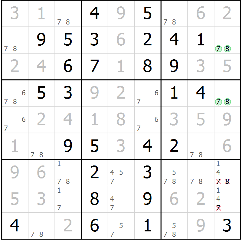 Position des candidats pour la solution de la Gr 31 page 34 du magazine de sudoku Giga sudoku niv 6-8 n° 024