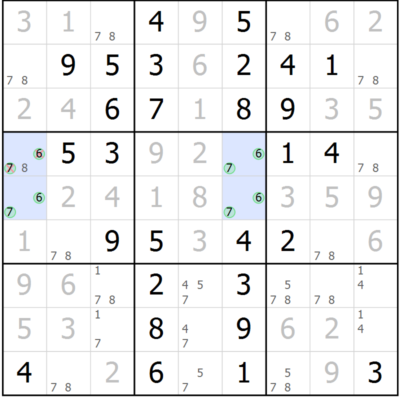 Position des candidats pour la solution de la Gr 31 page 34 du magazine de sudoku Giga sudoku niv 6-8 n° 024