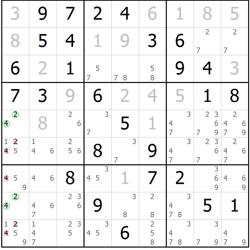Position des candidats pour la solution de la Gr 32 page 35 du magazine de sudoku Giga sudoku niv 6-8 n° 024