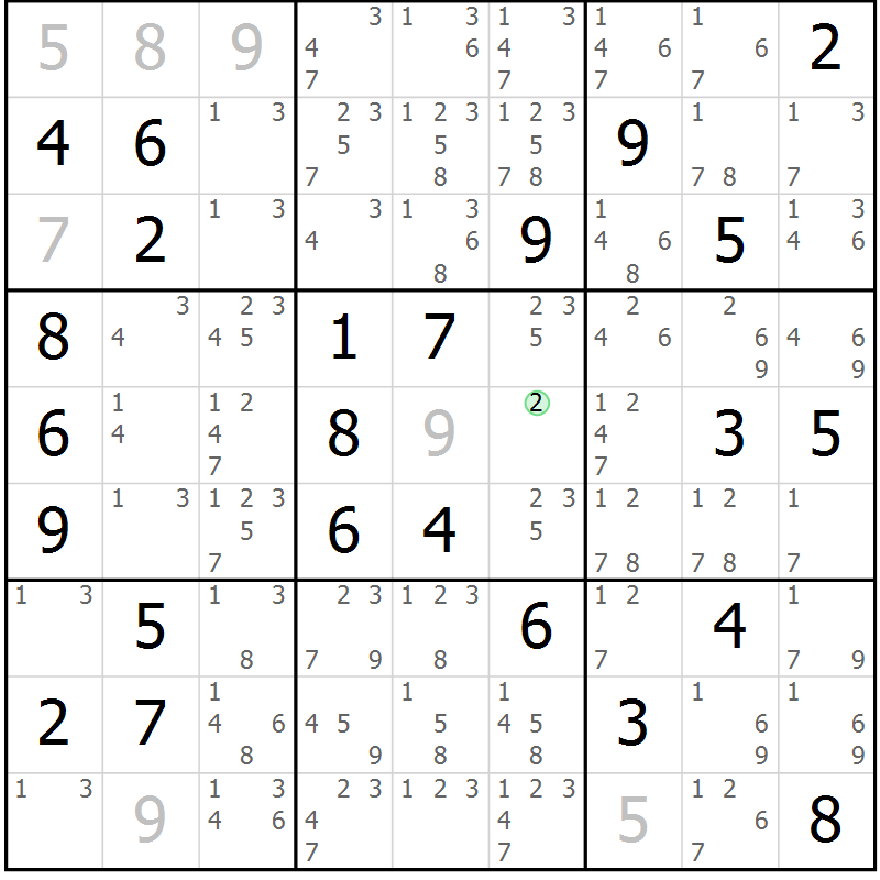 Position des candidats pour la solution de la Gr 33 page 36 du magazine de sudoku Giga sudoku niv 6-8 n° 024