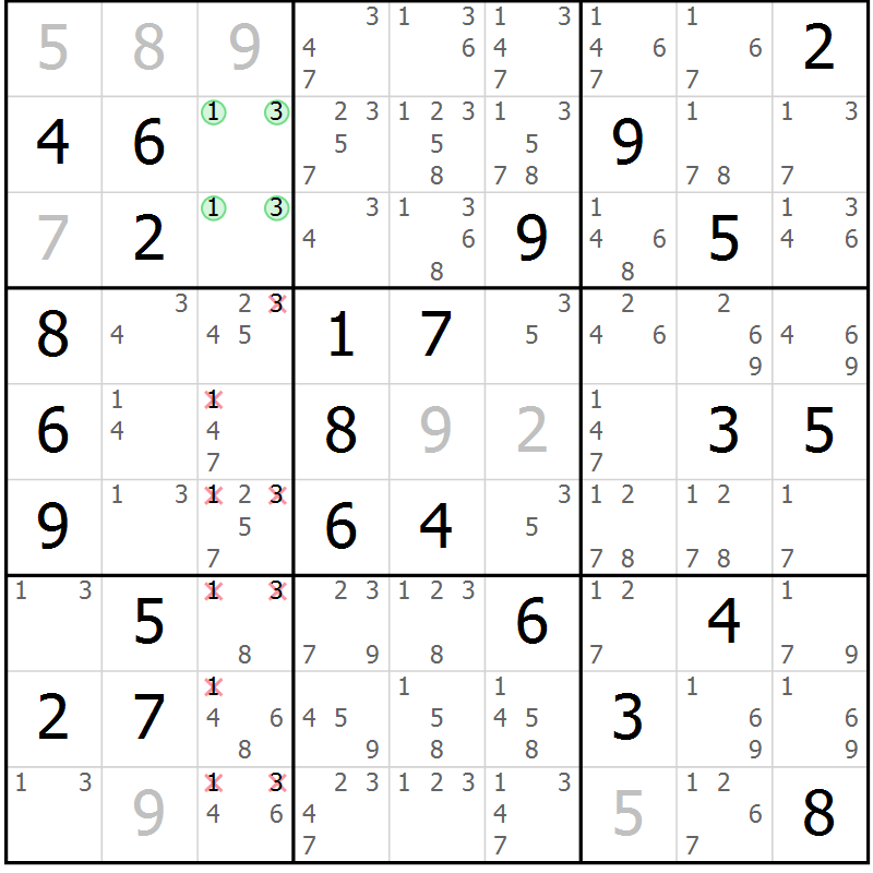 Position des candidats pour la solution de la Gr 33 page 36 du magazine de sudoku Giga sudoku niv 6-8 n° 024