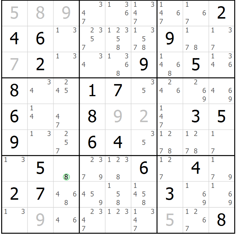 Position des candidats pour la solution de la Gr 33 page 36 du magazine de sudoku Giga sudoku niv 6-8 n° 024