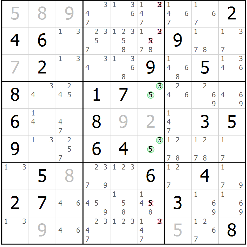 Position des candidats pour la solution de la Gr 33 page 36 du magazine de sudoku Giga sudoku niv 6-8 n° 024