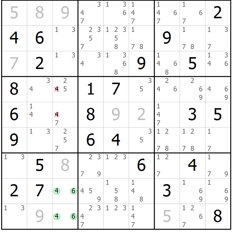 Position des candidats pour la solution de la Gr 33 page 36 du magazine de sudoku Giga sudoku niv 6-8 n° 024