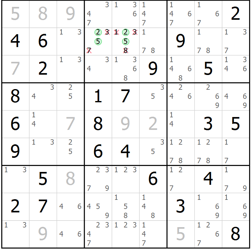 Position des candidats pour la solution de la Gr 33 page 36 du magazine de sudoku Giga sudoku niv 6-8 n° 024