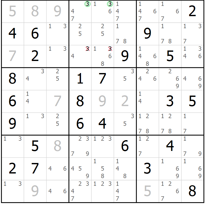 Position des candidats pour la solution de la Gr 33 page 36 du magazine de sudoku Giga sudoku niv 6-8 n° 024