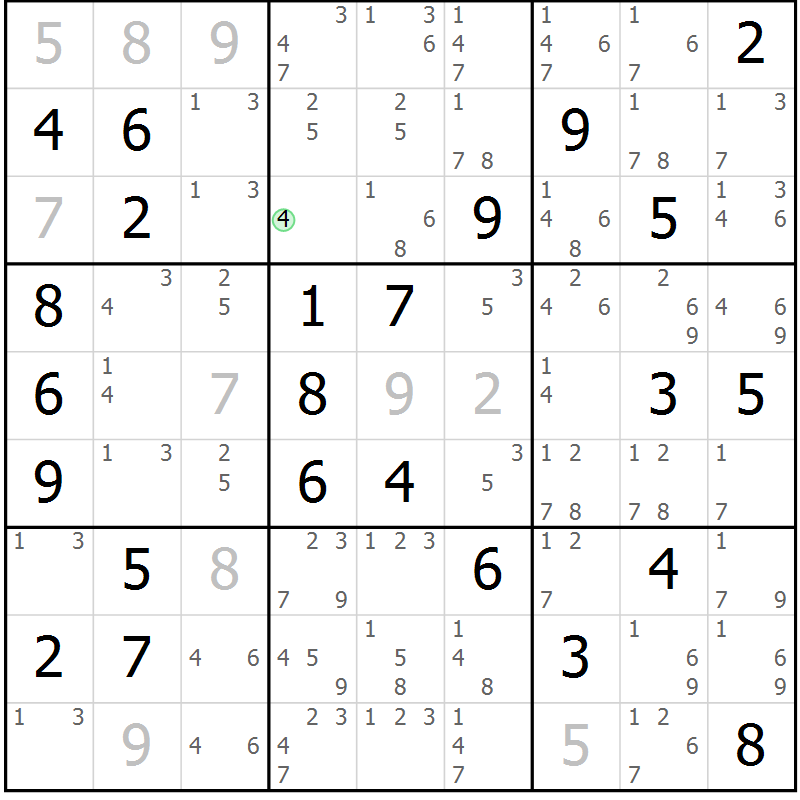 Position des candidats pour la solution de la Gr 33 page 36 du magazine de sudoku Giga sudoku niv 6-8 n° 024