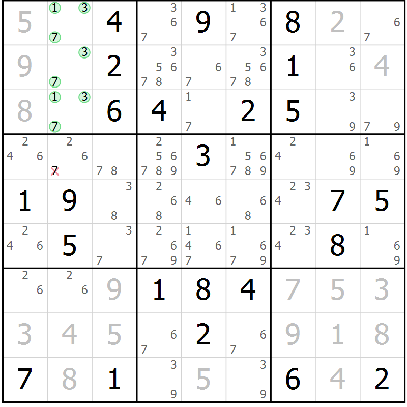 Position des candidats pour la solution de la Gr 34 page 37 du magazine de sudoku Giga sudoku niv 6-8 n° 024