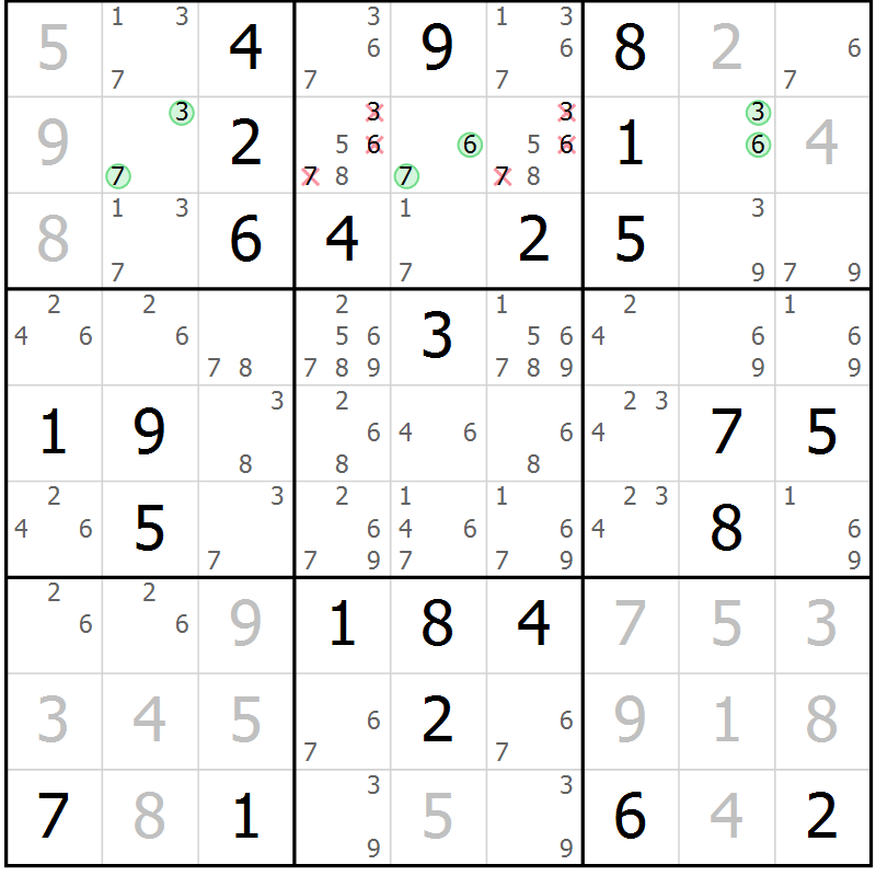 Position des candidats pour la solution de la Gr 34 page 37 du magazine de sudoku Giga sudoku niv 6-8 n° 024