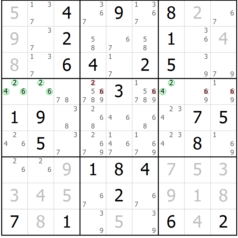 Position des candidats pour la solution de la Gr 34 page 37 du magazine de sudoku Giga sudoku niv 6-8 n° 024