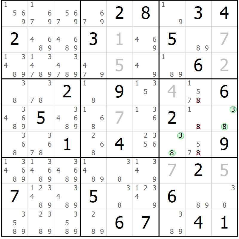 Position des candidats pour la solution de la Gr 35 page 38 du magazine de sudoku Giga sudoku niv 6-8 n° 024