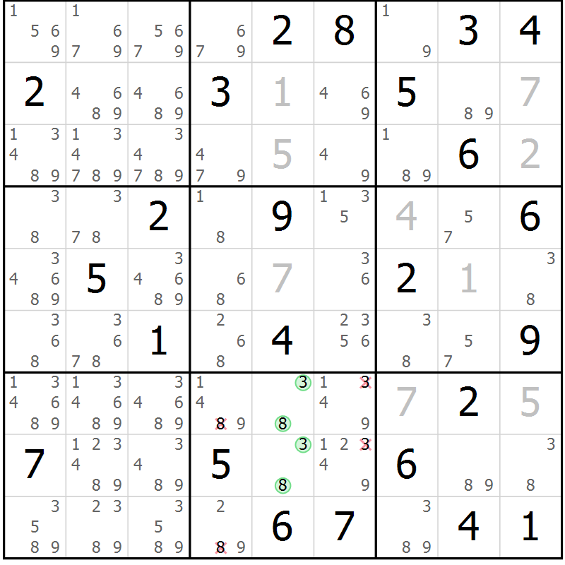 Position des candidats pour la solution de la Gr 35 page 38 du magazine de sudoku Giga sudoku niv 6-8 n° 024