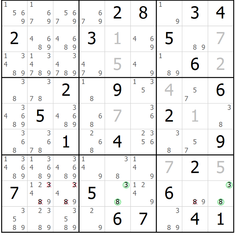 Position des candidats pour la solution de la Gr 35 page 38 du magazine de sudoku Giga sudoku niv 6-8 n° 024