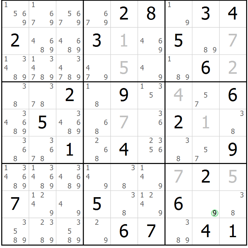 Position des candidats pour la solution de la Gr 35 page 38 du magazine de sudoku Giga sudoku niv 6-8 n° 024