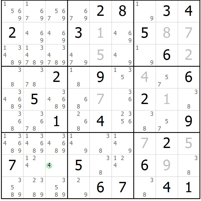 Position des candidats pour la solution de la Gr 35 page 38 du magazine de sudoku Giga sudoku niv 6-8 n° 024