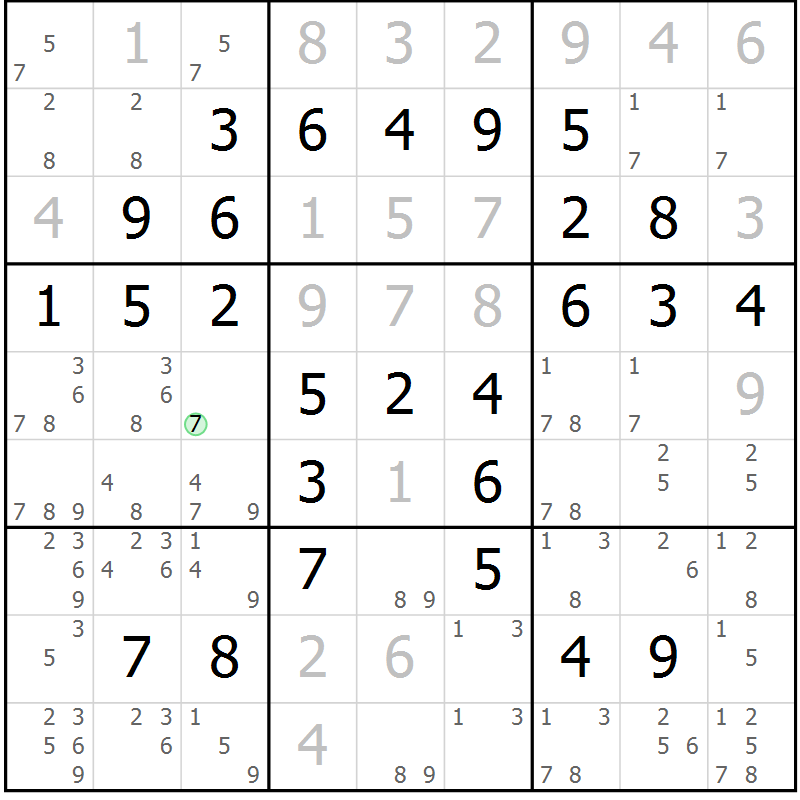Position des candidats pour la solution de la Gr 36 page 39 du magazine de sudoku Giga sudoku niv 6-8 n° 024