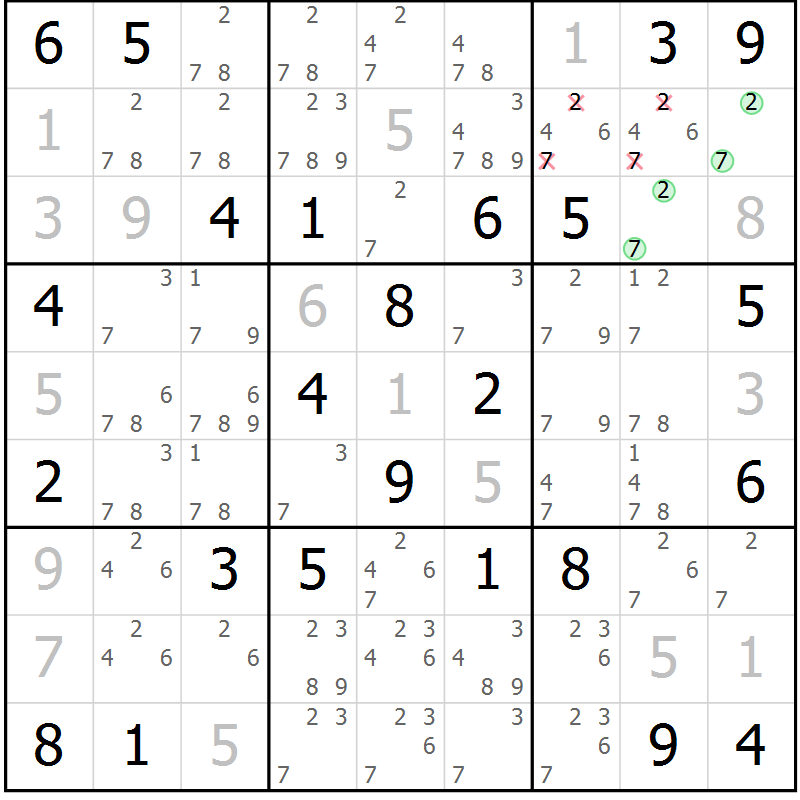 Position des candidats pour la solution de la Gr 38 page 41 du magazine de sudoku Giga sudoku niv 6-8 n° 024