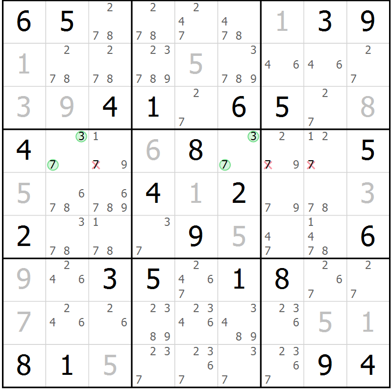 Position des candidats pour la solution de la Gr 38 page 41 du magazine de sudoku Giga sudoku niv 6-8 n° 024
