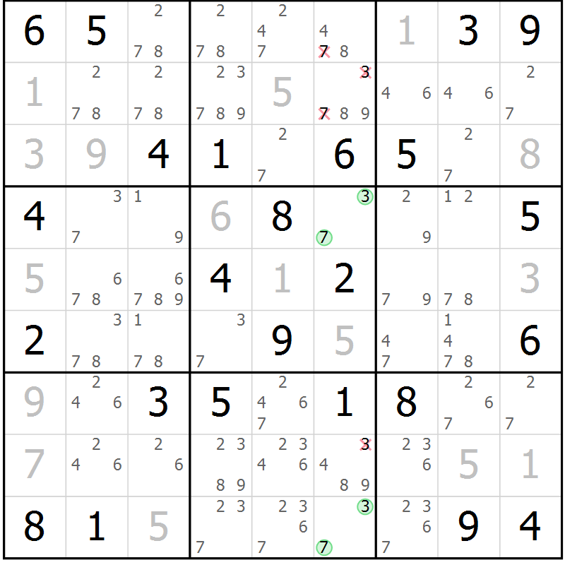 Position des candidats pour la solution de la Gr 38 page 41 du magazine de sudoku Giga sudoku niv 6-8 n° 024