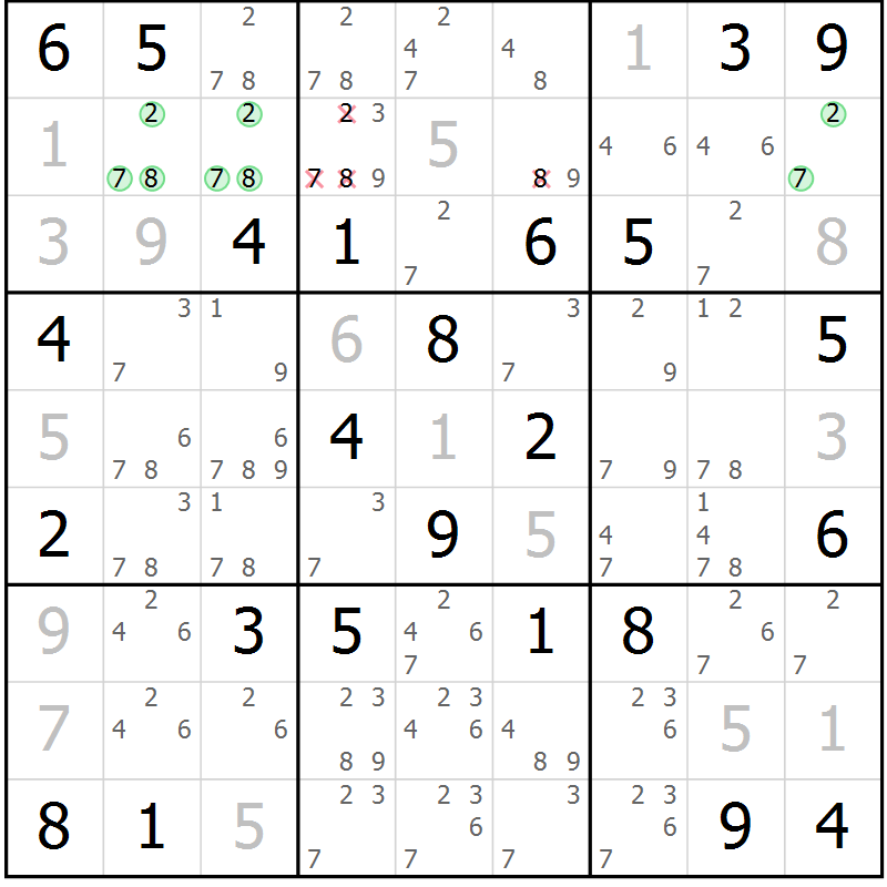 Position des candidats pour la solution de la Gr 38 page 41 du magazine de sudoku Giga sudoku niv 6-8 n° 024