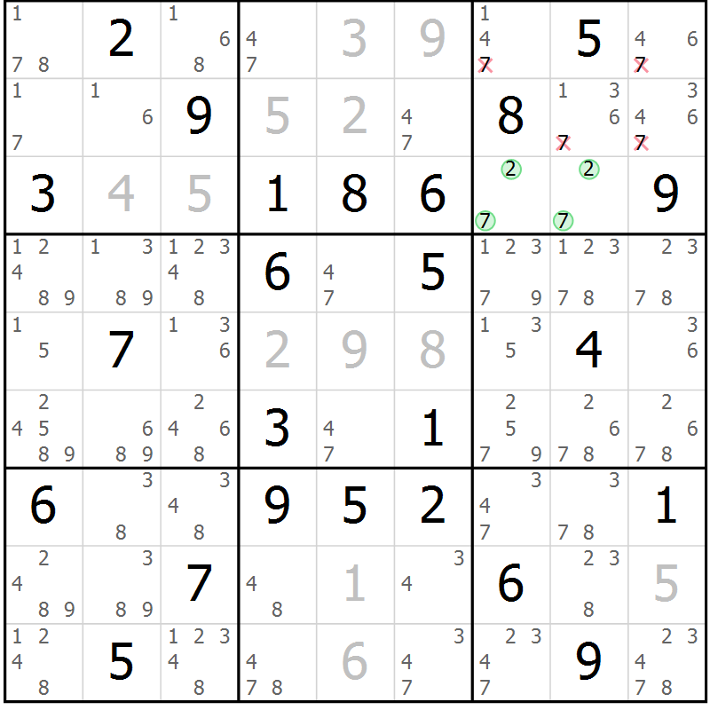 Position des candidats pour la solution de la Gr 39 page 42 du magazine de sudoku Giga sudoku niv 6-8 n° 024
