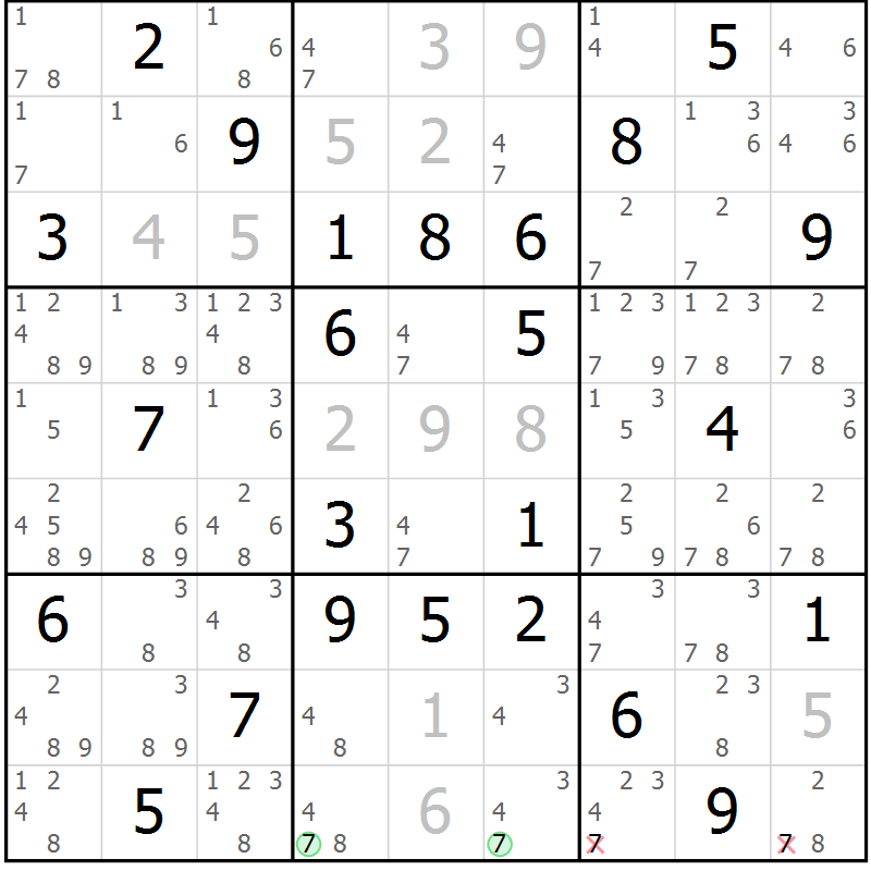 Position des candidats pour la solution de la Gr 39 page 42 du magazine de sudoku Giga sudoku niv 6-8 n° 024
