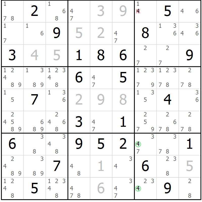 Position des candidats pour la solution de la Gr 39 page 42 du magazine de sudoku Giga sudoku niv 6-8 n° 024