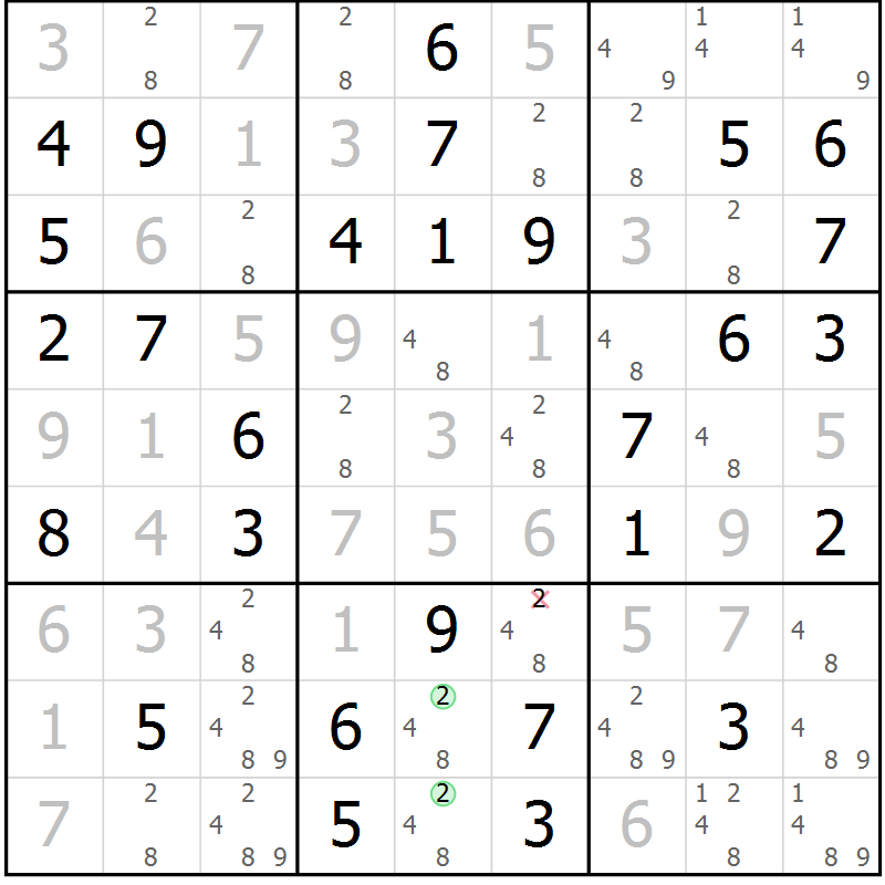 Position des candidats pour la solution de la Gr 4 page 7 du magazine de sudoku Giga sudoku niv 6-8 n° 024