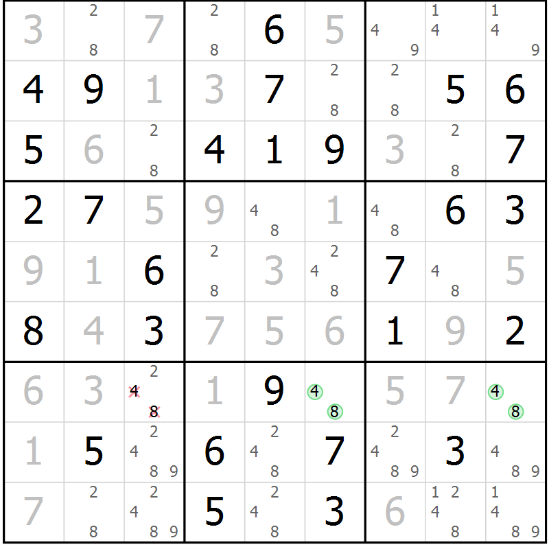 Position des candidats pour la solution de la Gr 4 page 7 du magazine de sudoku Giga sudoku niv 6-8 n° 024
