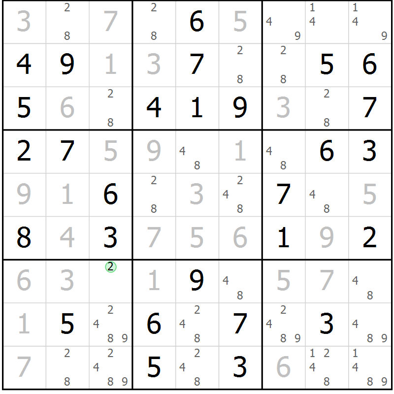 Position des candidats pour la solution de la Gr 4 page 7 du magazine de sudoku Giga sudoku niv 6-8 n° 024