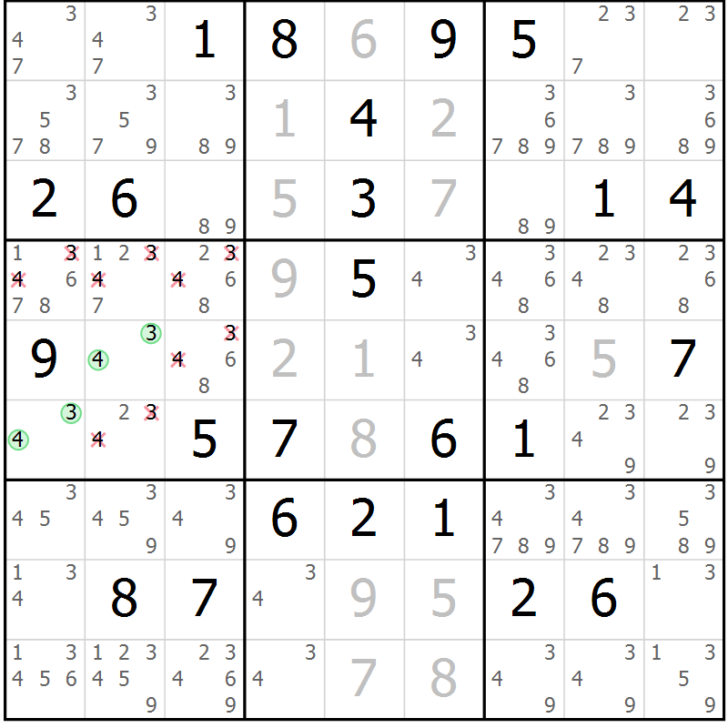 Position des candidats pour la solution de la Gr 40 page 43 du magazine de sudoku Giga sudoku niv 6-8 n° 024