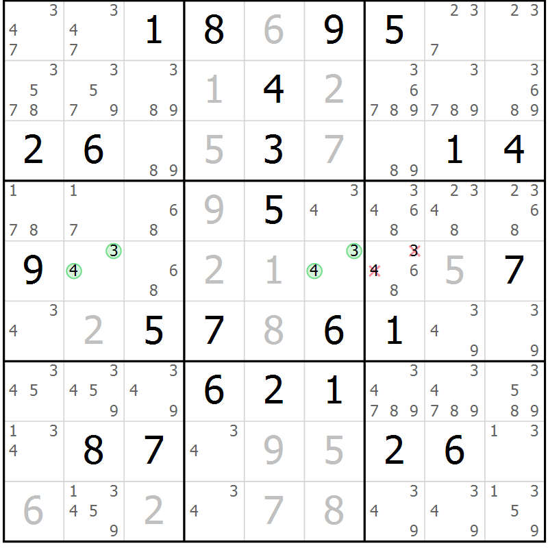 Position des candidats pour la solution de la Gr 40 page 43 du magazine de sudoku Giga sudoku niv 6-8 n° 024