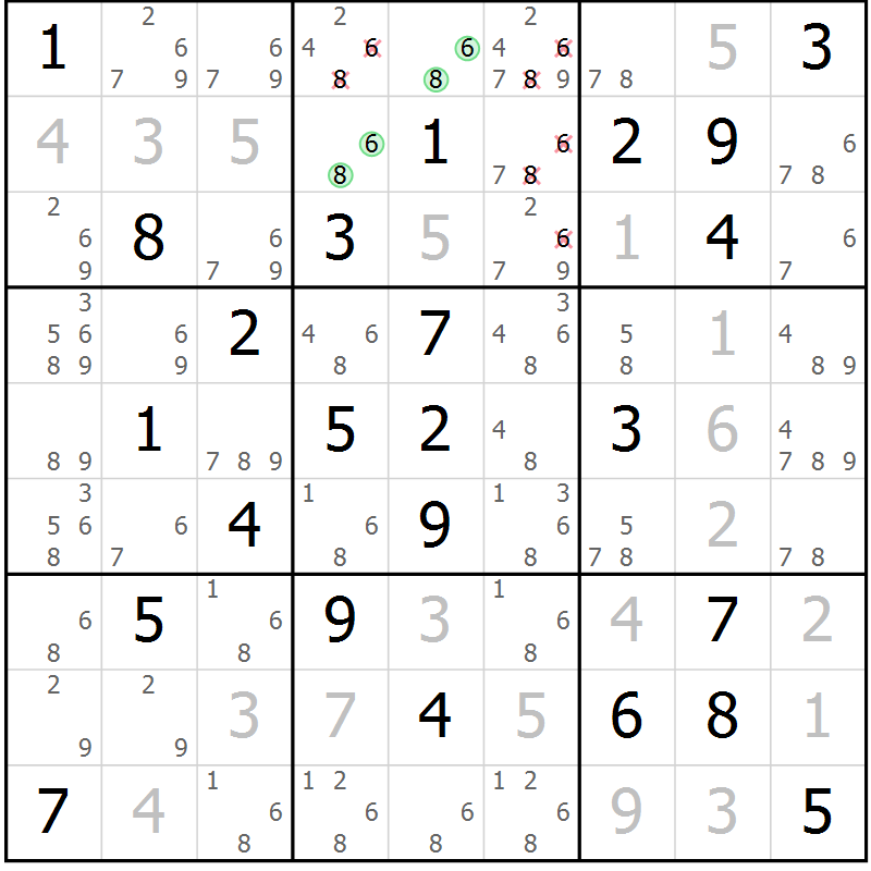 Position des candidats pour la solution de la Gr 41 page 44 du magazine de sudoku Giga sudoku niv 6-8 n° 024