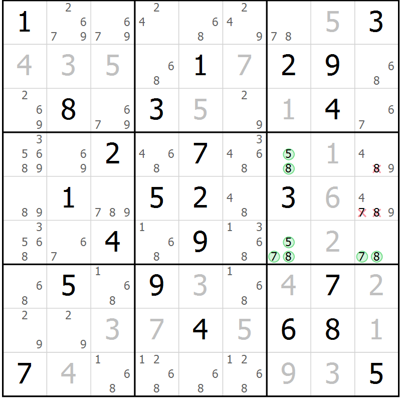 Position des candidats pour la solution de la Gr 41 page 44 du magazine de sudoku Giga sudoku niv 6-8 n° 024