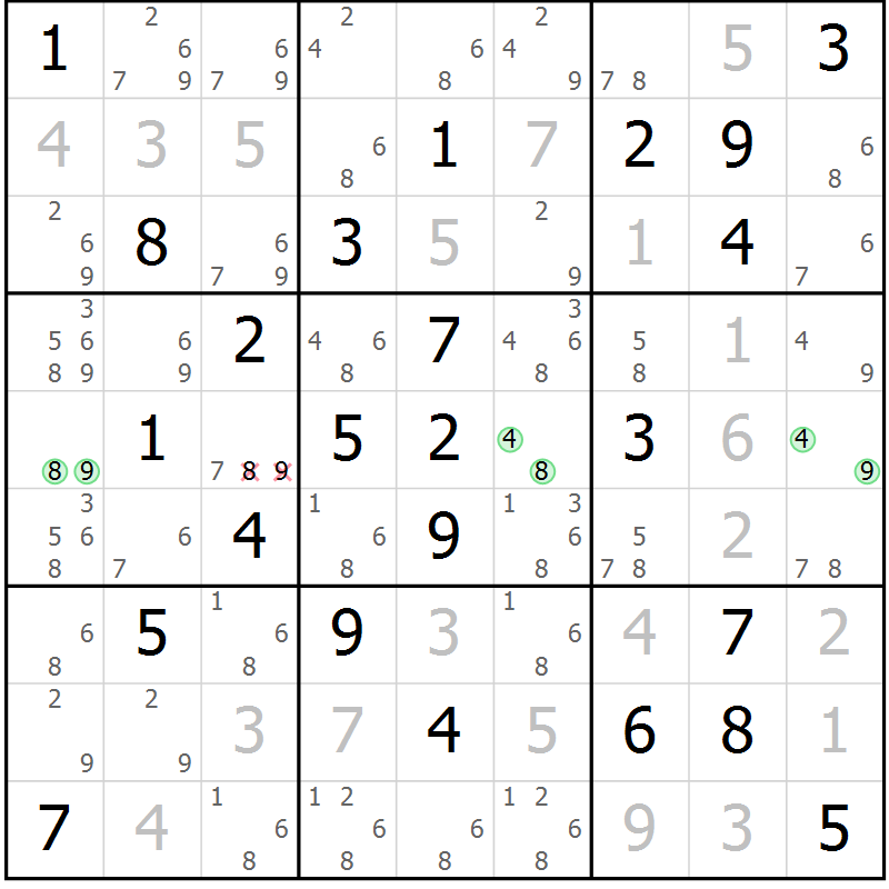 Position des candidats pour la solution de la Gr 41 page 44 du magazine de sudoku Giga sudoku niv 6-8 n° 024