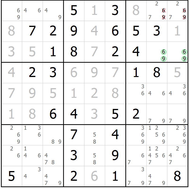 Position des candidats pour la solution de la Gr 43 page 46 du magazine de sudoku Giga sudoku niv 6-8 n° 024