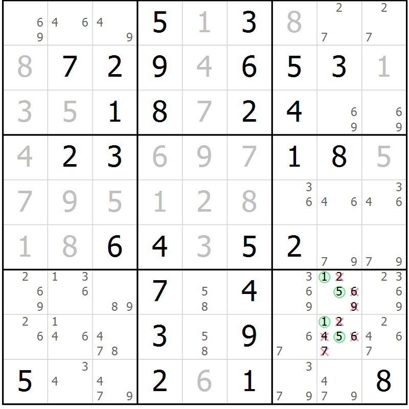 Position des candidats pour la solution de la Gr 43 page 46 du magazine de sudoku Giga sudoku niv 6-8 n° 024