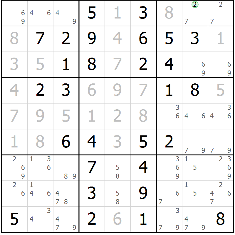 Position des candidats pour la solution de la Gr 43 page 46 du magazine de sudoku Giga sudoku niv 6-8 n° 024