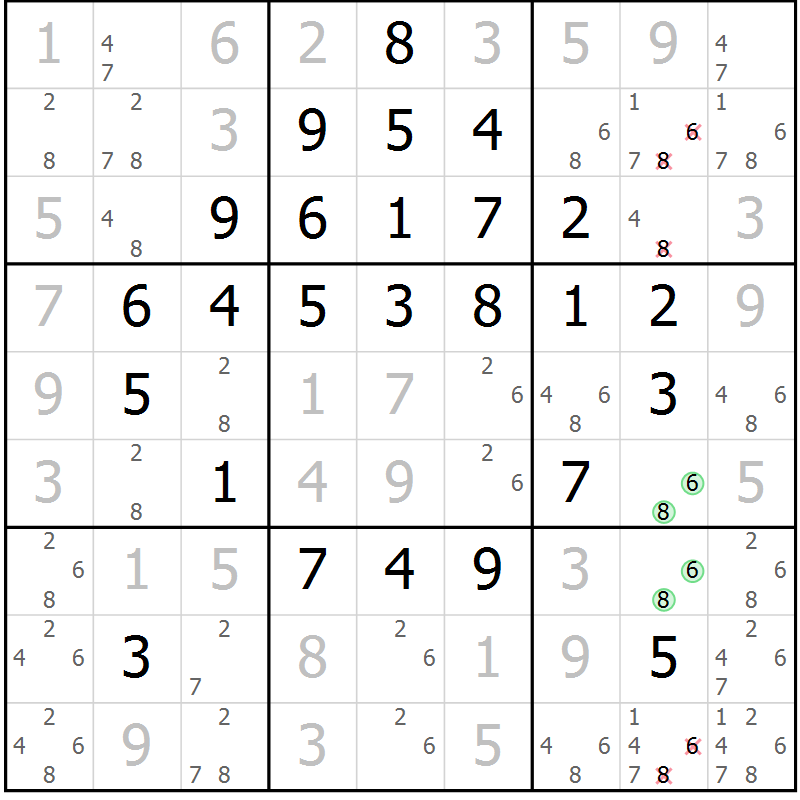 Position des candidats pour la solution de la Gr 44 page 47 du magazine de sudoku Giga sudoku niv 6-8 n° 024