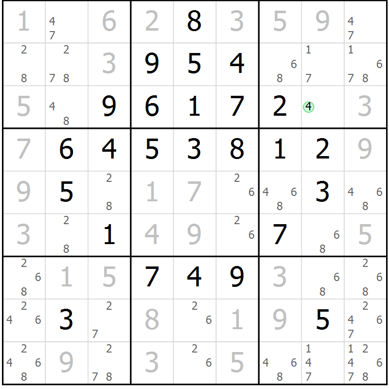 Position des candidats pour la solution de la Gr 44 page 47 du magazine de sudoku Giga sudoku niv 6-8 n° 024