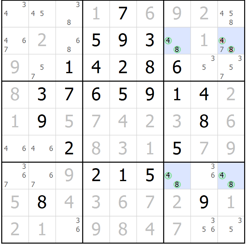 Position des candidats pour la solution de la Gr 45 page 48 du magazine de sudoku Giga sudoku niv 6-8 n° 024