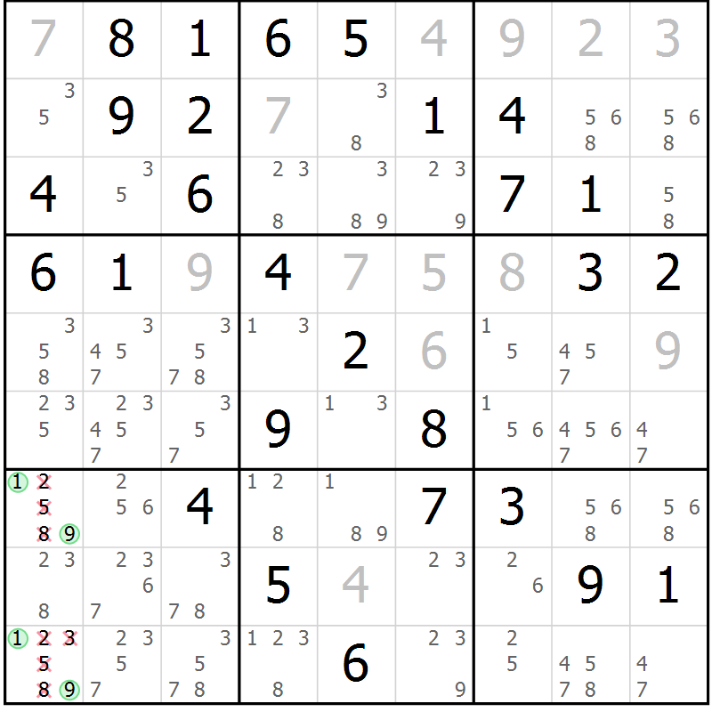 Position des candidats pour la solution de la Gr 46 page 49 du magazine de sudoku Giga sudoku niv 6-8 n° 024