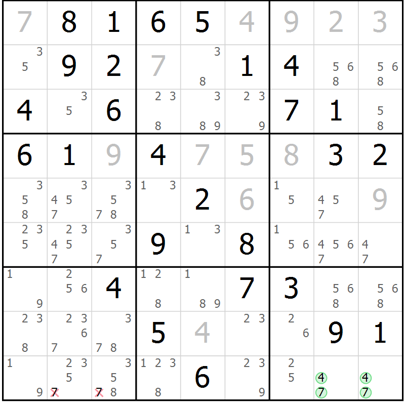 Position des candidats pour la solution de la Gr 46 page 49 du magazine de sudoku Giga sudoku niv 6-8 n° 024