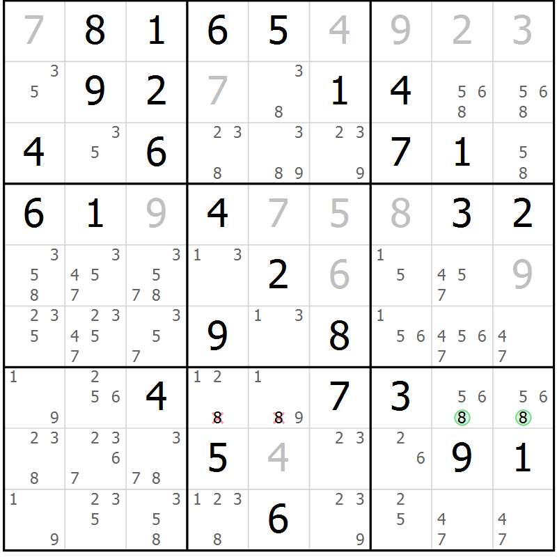Position des candidats pour la solution de la Gr 46 page 49 du magazine de sudoku Giga sudoku niv 6-8 n° 024