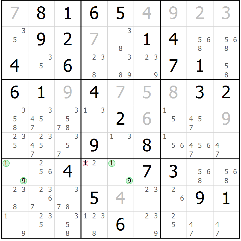 Position des candidats pour la solution de la Gr 46 page 49 du magazine de sudoku Giga sudoku niv 6-8 n° 024