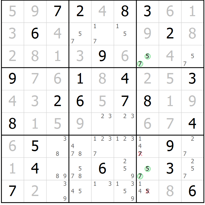 Position des candidats pour la solution de la Gr 47 page 50 du magazine de sudoku Giga sudoku niv 6-8 n° 024