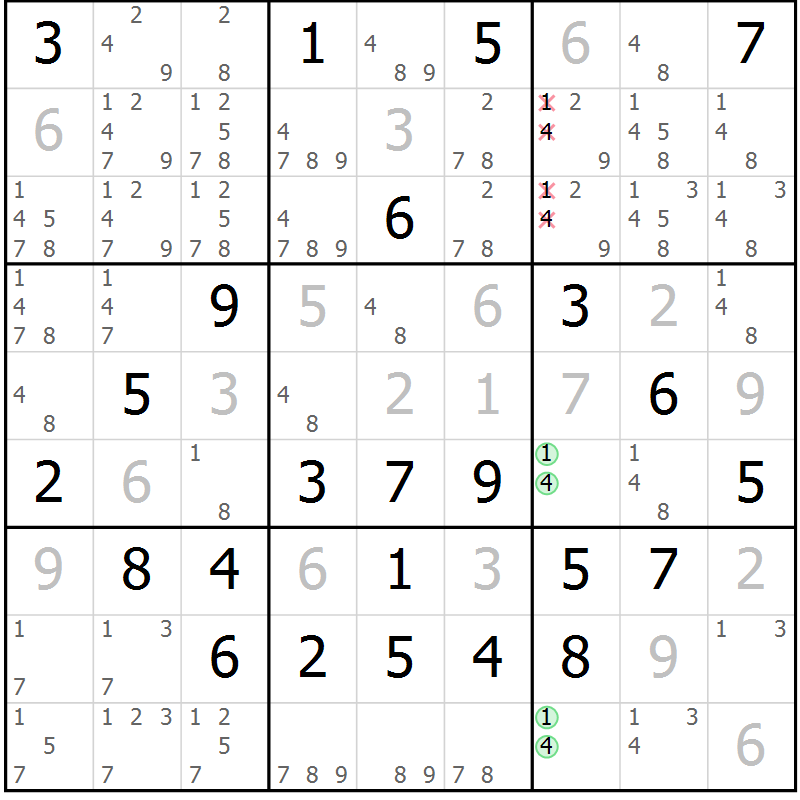 Position des candidats pour la solution de la Gr 48 page 51 du magazine de sudoku Giga sudoku niv 6-8 n° 024