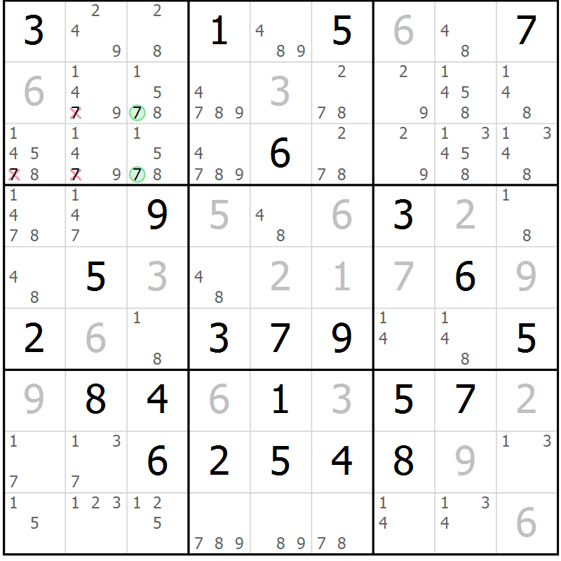 Position des candidats pour la solution de la Gr 48 page 51 du magazine de sudoku Giga sudoku niv 6-8 n° 024