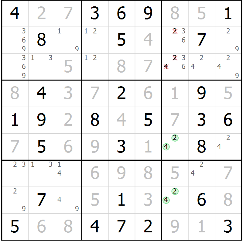 Position des candidats pour la solution de la Gr 49 page 52 du magazine de sudoku Giga sudoku niv 6-8 n° 024